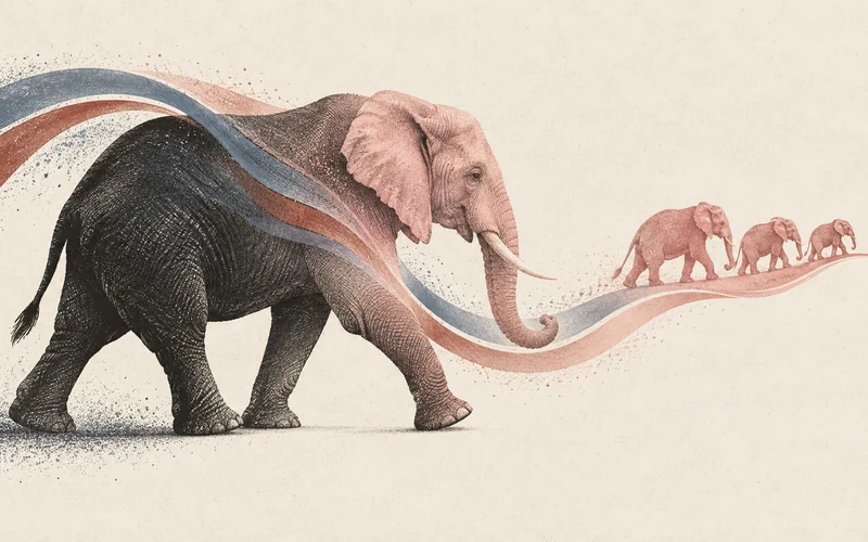 A charcoal elephant becomes pink as flowing ribbons guide it toward pink reference elephants.